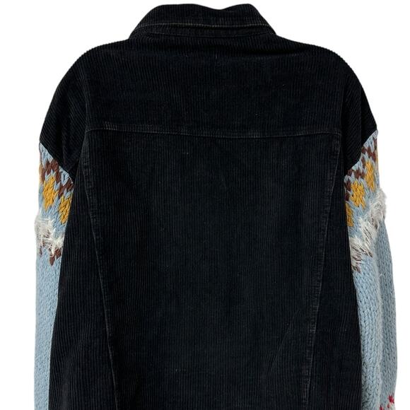 POL Trucker Jacket Black Corduroy Blue Knit Sweater Sleeves Women's Size Medium - Picture 7 of 10